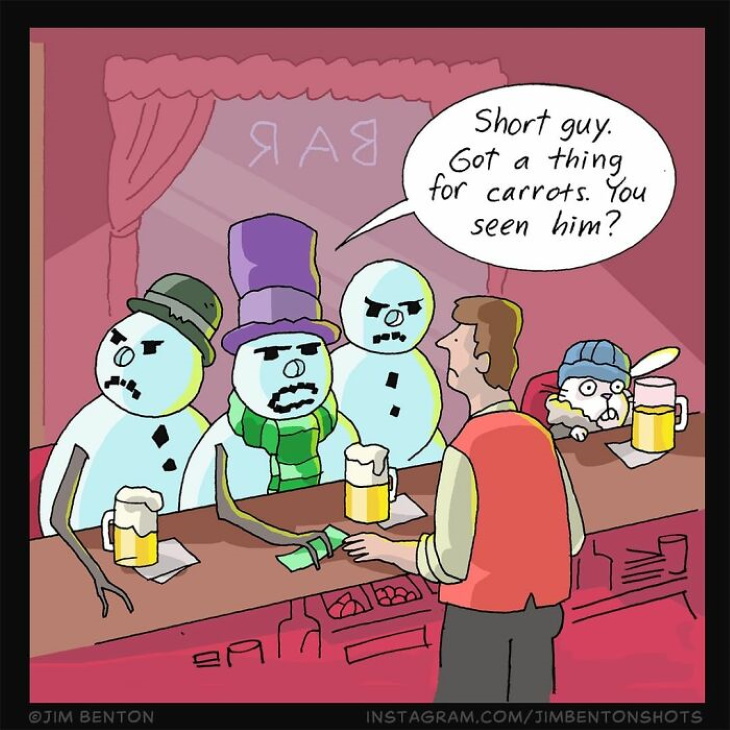 Jim Benton Comics rabbit and snowmen at the bar