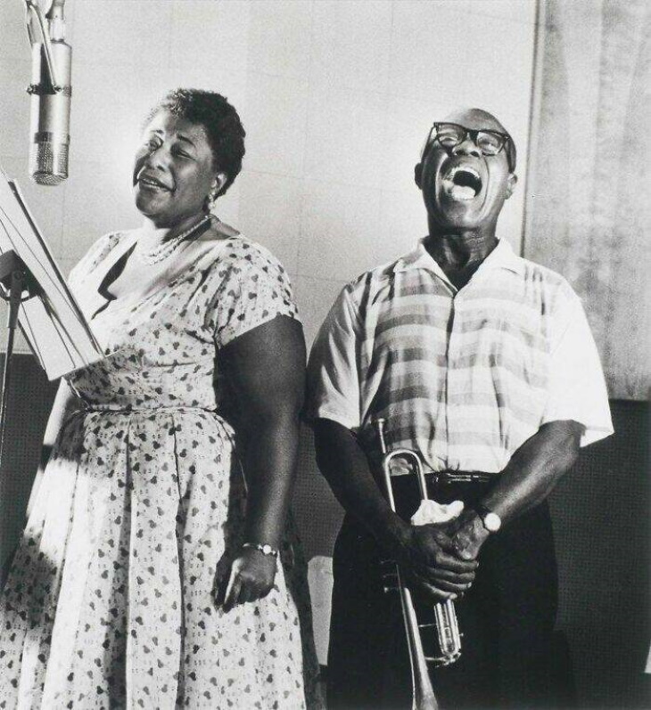 Vintage Celebrity Photos Ella Fitzgerald recording in a studio with Louis Armstrong