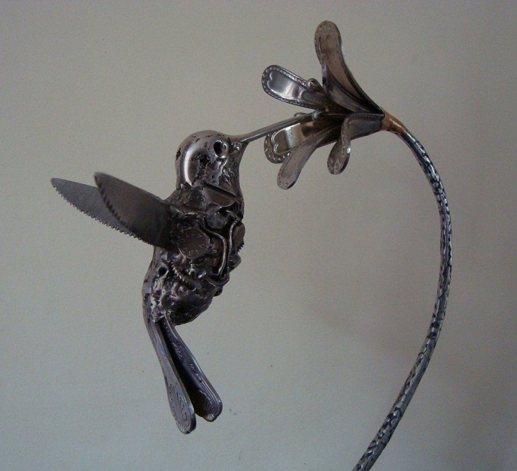 Scrap Metal Art, bird and flower