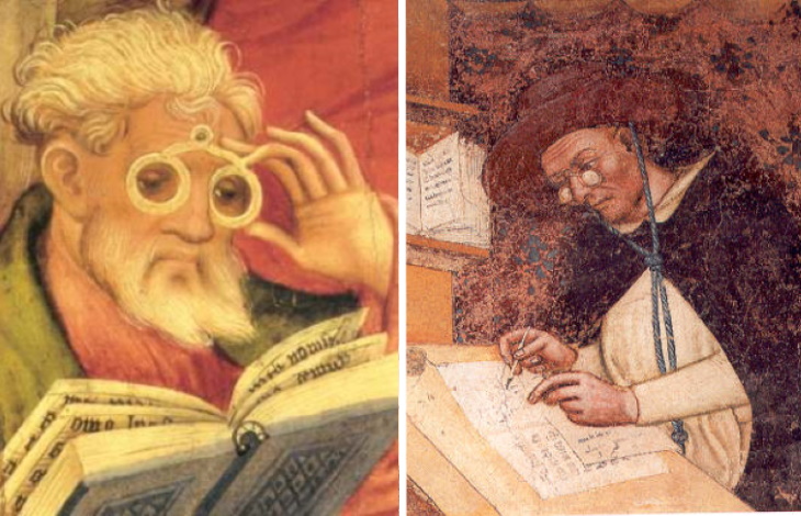 Medieval Inventions The earliest depictions of eyeglasses: the "Glasses Apostle" in Bad Wildungen (1403, left); Dominican Cardinal Hugh of Saint-Cher (1352, right)
