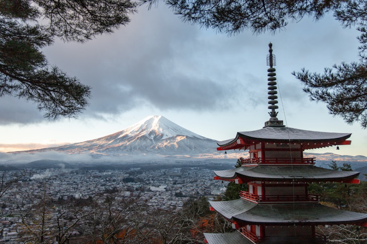 Japanese Architecture Mt Fuji and a pagoda