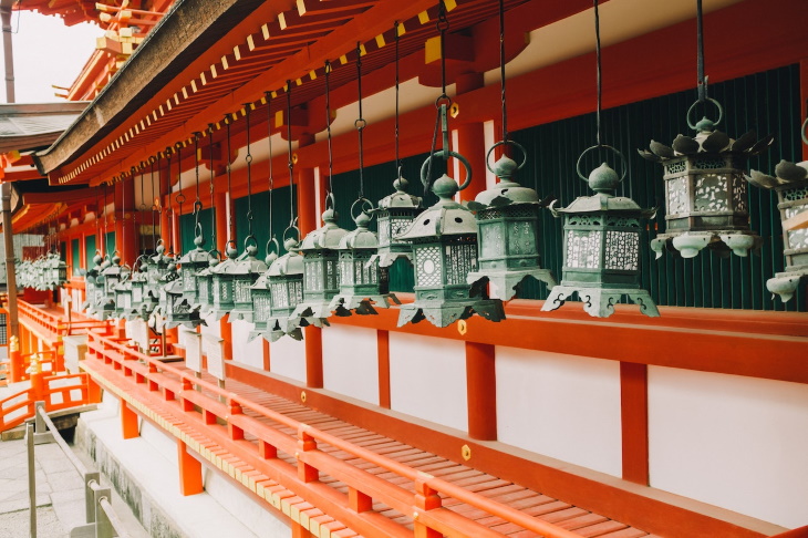 Japanese Architecture red temple wall with bells