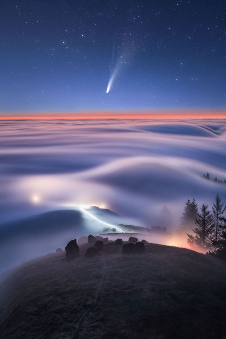 2021 Landscape Photographer of the Year “Comet NeoWise Setting, Marin” by Tanmay Sapkal