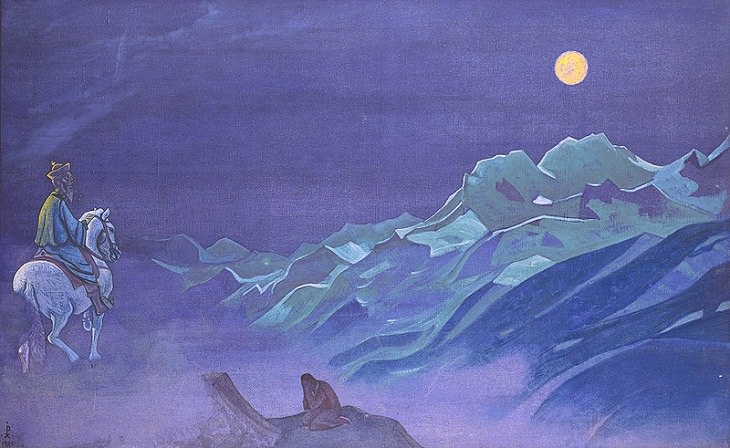 Paintings by Nicholas Roerich, man on horse, mountain