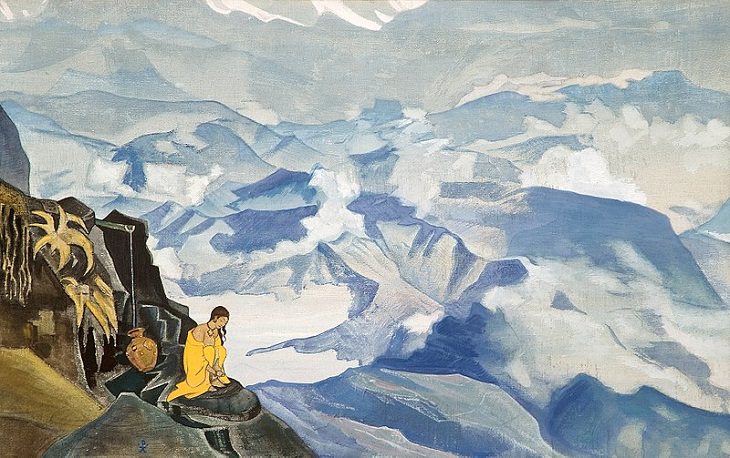 Paintings by Nicholas Roerich, woman, mountain cliff