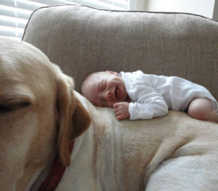 life is good- smiling newborn and dog
