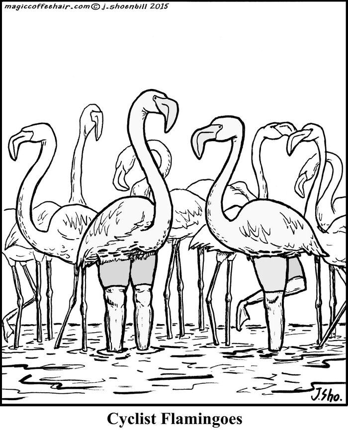 Jim Shoenbill one panel comics cycling flamingos