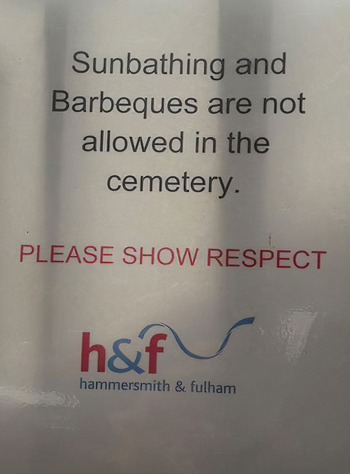 funny sign no BBQ in the cemetery 
