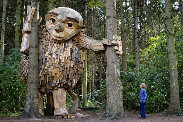 Wooden Trolls, kid and troll in forest