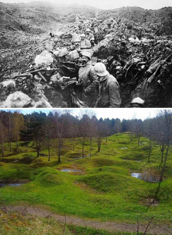 Fotos de antes y después, Verdun Battlefield, Francia - 1916 vs. ahora