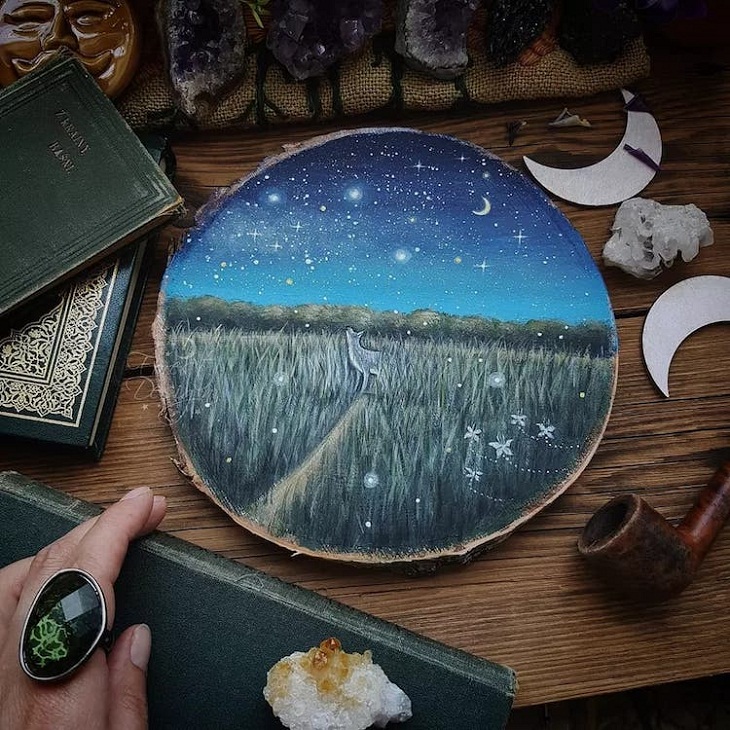 Forest Paintings on Slices of Wood, night animal
