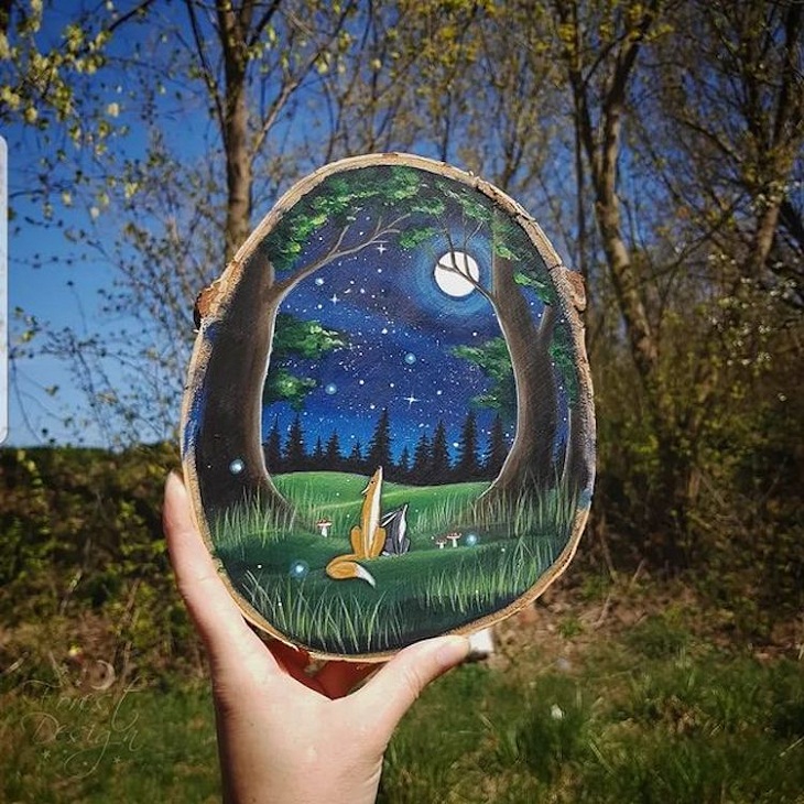 Forest Paintings on Slices of Wood, night animals
