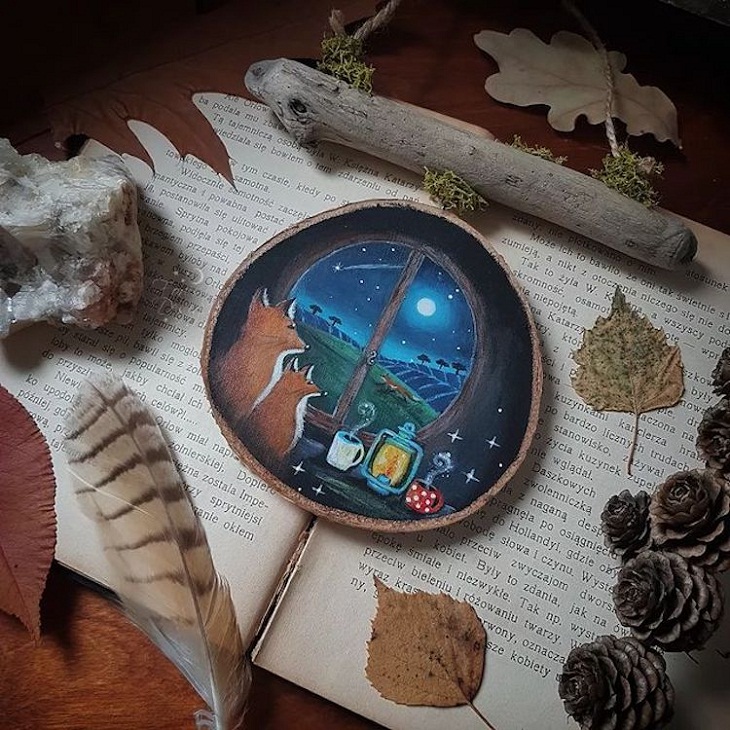 Forest Paintings on Slices of Wood, moon