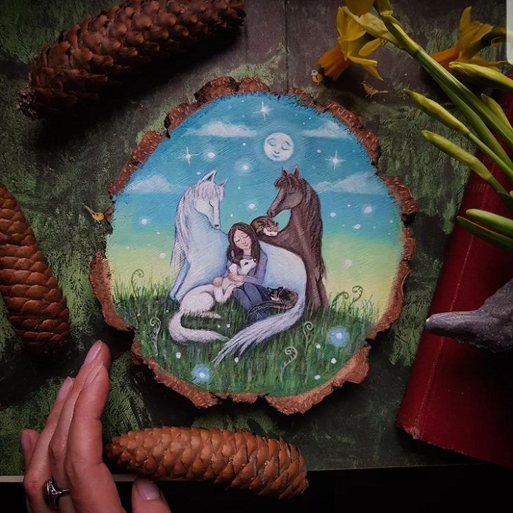 Forest Paintings on Slices of Wood, horses