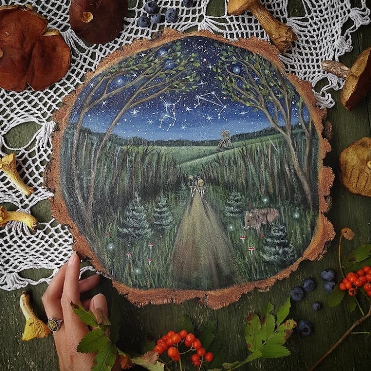 Forest Paintings on Slices of Wood, forest
