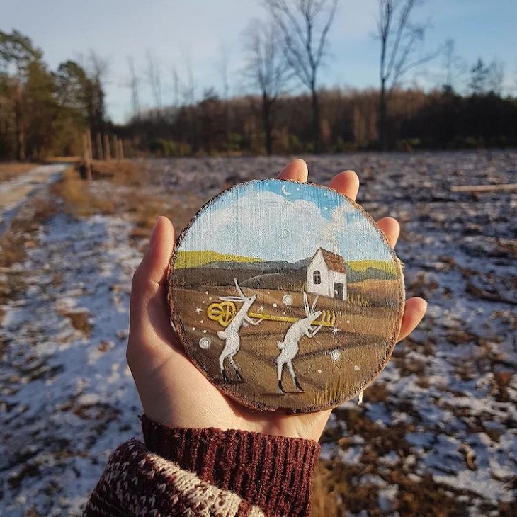 Forest Paintings on Slices of Wood, deer