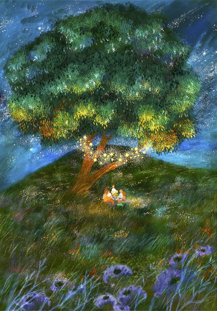 Illustrations by Laivi Põder family under a big tree