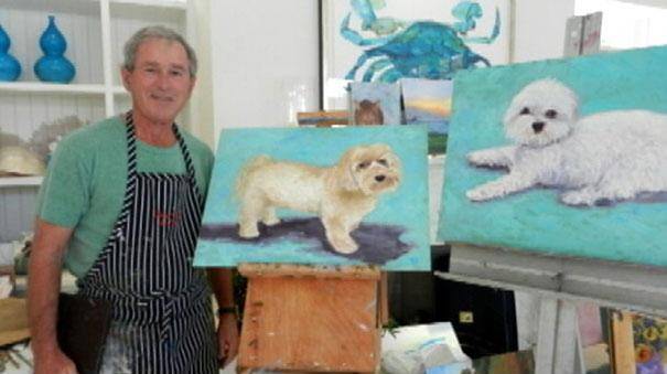 George Bush with his early paintings 