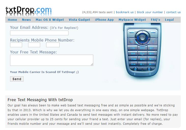 Websites to Send Text Messages, txtDrop