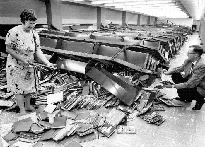 "OOPS!" A public library in Ohio experienced a chaotic event in 1971 when a falling shelf caused thousands of books to topple like dominos.