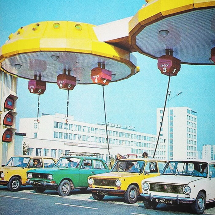 During the 1970s and 1980s, unique gas stations were established in Kiev with an unconventional design resembling flying saucers. These structures added an innovative touch to the city's landscape.