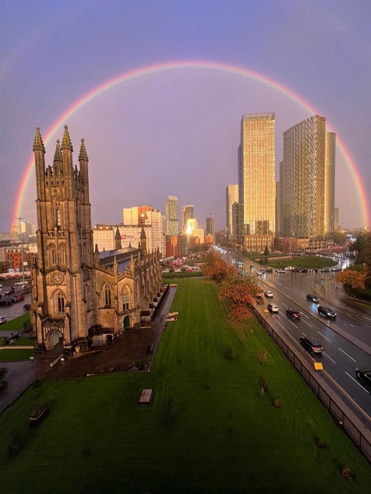 A delightful rainbow graces Manchester, England