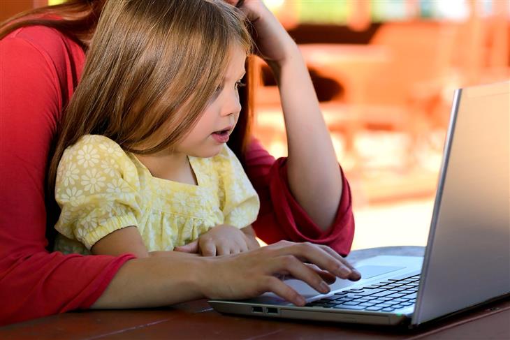 uma menina e uma mulher usando o laptop