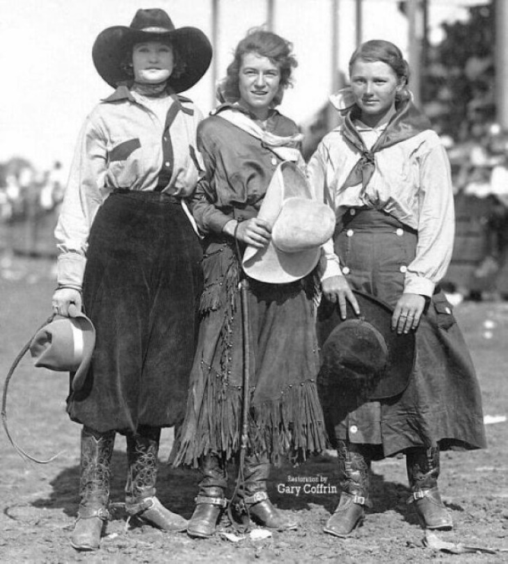 Historical Photos "1917 In Miles City, Montana, Here Are Three Cowgirls At The Miles City Round-Up. They Are Clyde Lindsay, Mildred Douglas And Ruby Dickey"