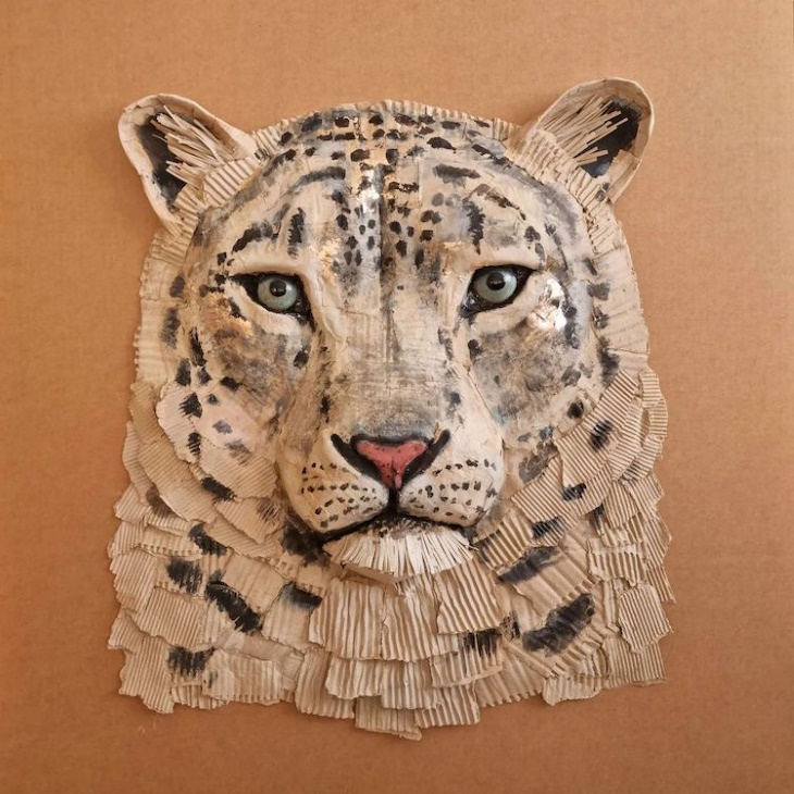 Cardboard Animal Sculptures by Josh Gluckstein snow leopard