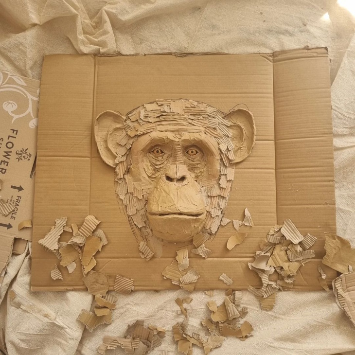Cardboard Animal Sculptures by Josh Gluckstein unfinished chimp