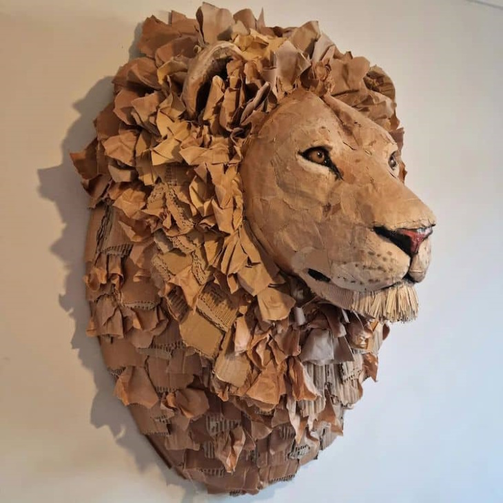 Cardboard Animal Sculptures by Josh Gluckstein lion closeup