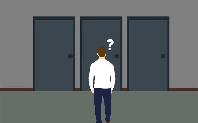 Memory test with street pictures: an illustration of a person debating which door to choose