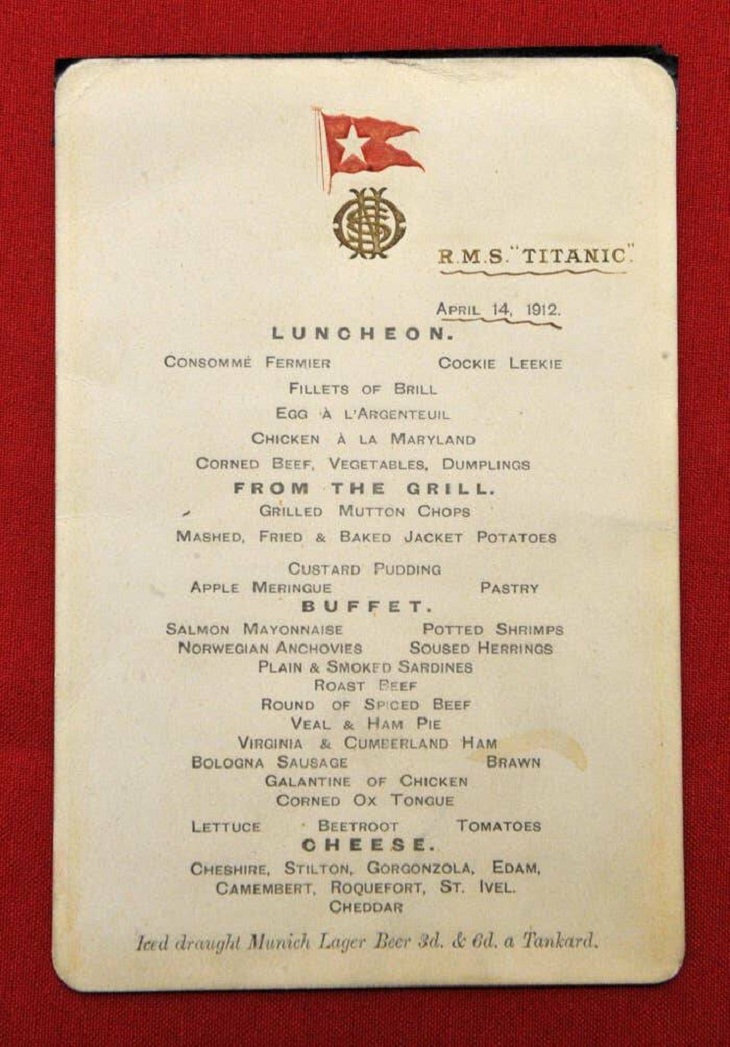 Rare Photos of the Titanic,  first class menu 