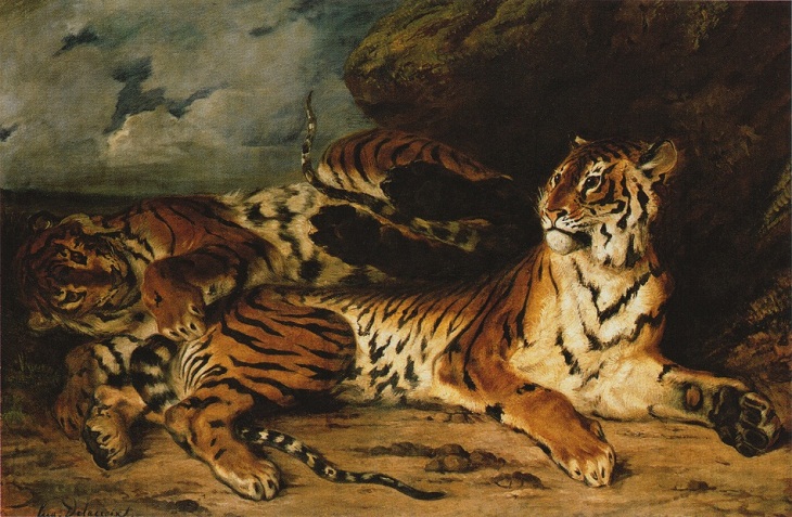 Tiger Paintings, A Young Tiger Playing with its Mother
