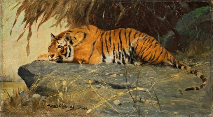 Tiger Paintings, Tiger Lying On A Rock Plateau