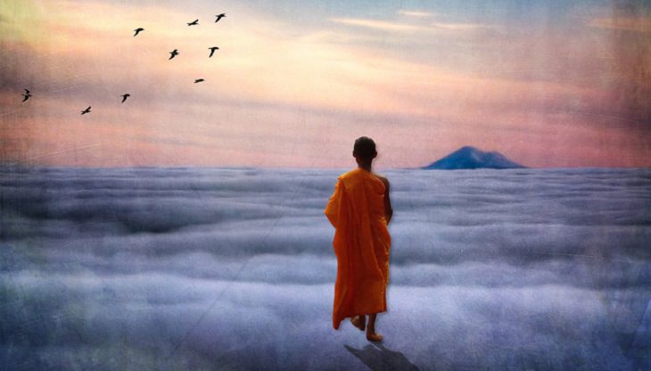 Turning Pain into Strength: Monk walking on clouds