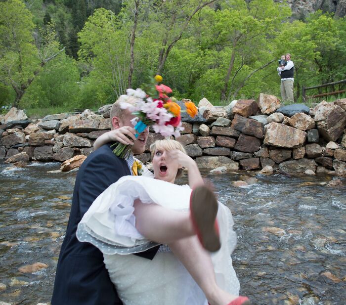 groom drops bride in water