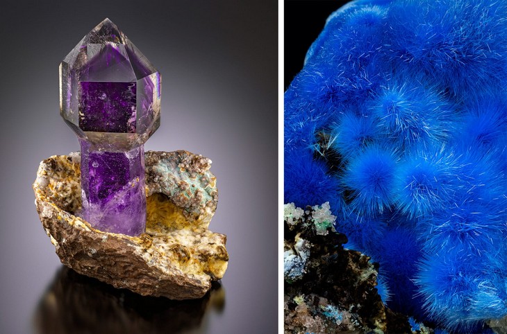 On the left is a scapter Amethyst from Goboboseb, Namibia. Courtesy of Creighton Beery. On the right is a Cyanotrichite from Quiglong, Guizhou, China. Courtesy of GetGemstoned