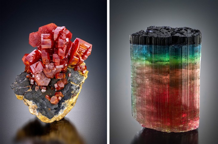 On the left is a Vanadinite from Mibladen, Morocco. Courtesy of Mond Chang. On the right is a Multi-colored Elbaite from Barra de Salinas, Minas Gerais, Brazil. Courtesy of GetGemstoned
