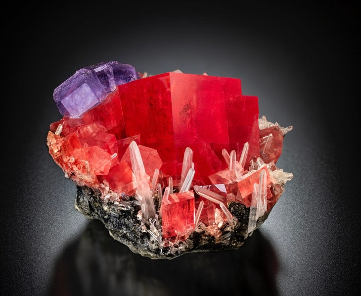 Cherry red Rhodochrosite with Fluorite and Quartz from the Strawberry Pocket, Sweet Home Mine, Mount Bross, Alma, Colorado, USA.