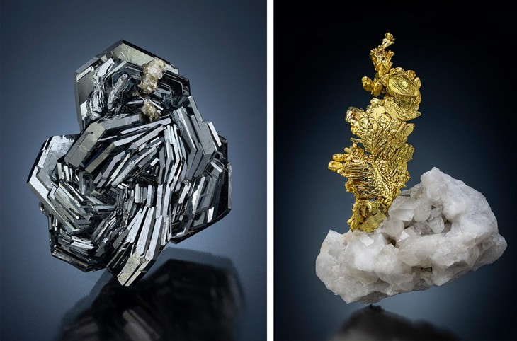 Left: Hematite from Cavradi, Switzerland. Private collection. Right: Gold on Quartz from the Mockingbird Mine, California. Courtesy of Kyle Kevorkian