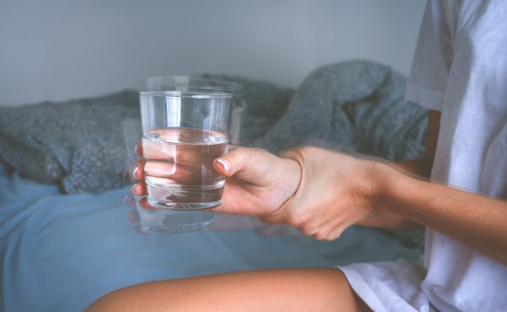 shaky hand holding water glass