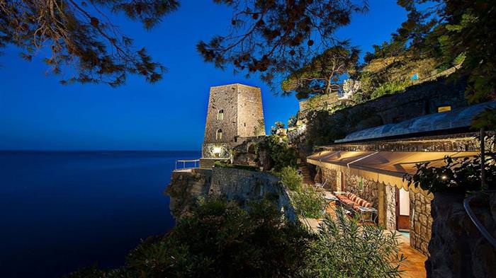 The Amalfi Coast in Italy: Restaurant lit up at night