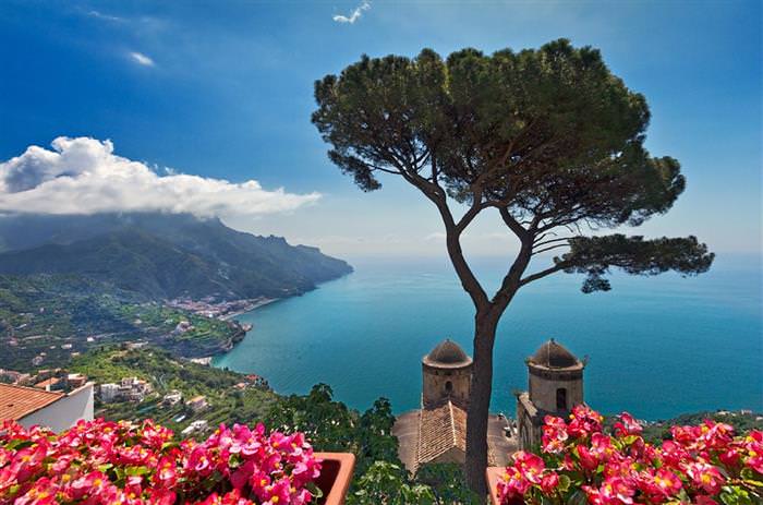 The Amalfi Coast in Italy: High view of spires, plants, and sea