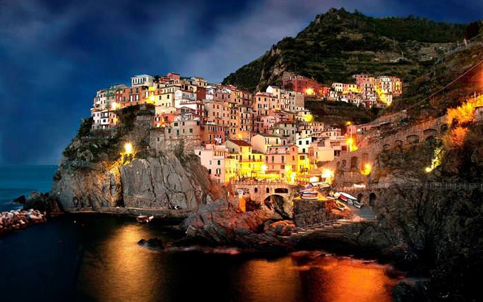 The Amalfi Coast in Italy: Houses lit up at night