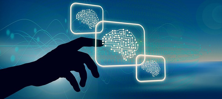 Research on improving brain functions with age: Illustration of a hand pressing on virtual windows containing brain illustrations