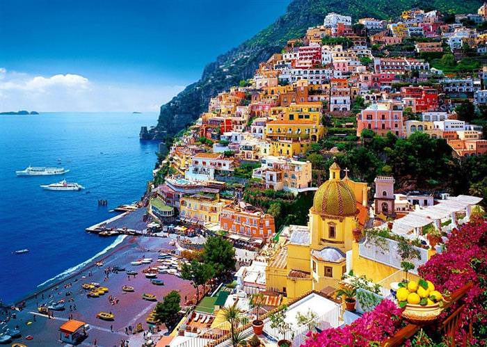 The Amalfi Coast in Italy: Colorful houses on a hill