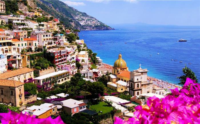 The Amalfi Coast in Italy: High view of ancient buildings against the sea