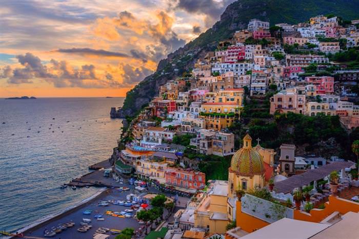 The Amalfi Coast in Italy: Colorful houses and ancient buildings against the sea