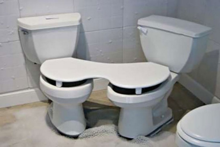 Bizarre Toilets: A toilet stall with two connected toilets sharing the same lid